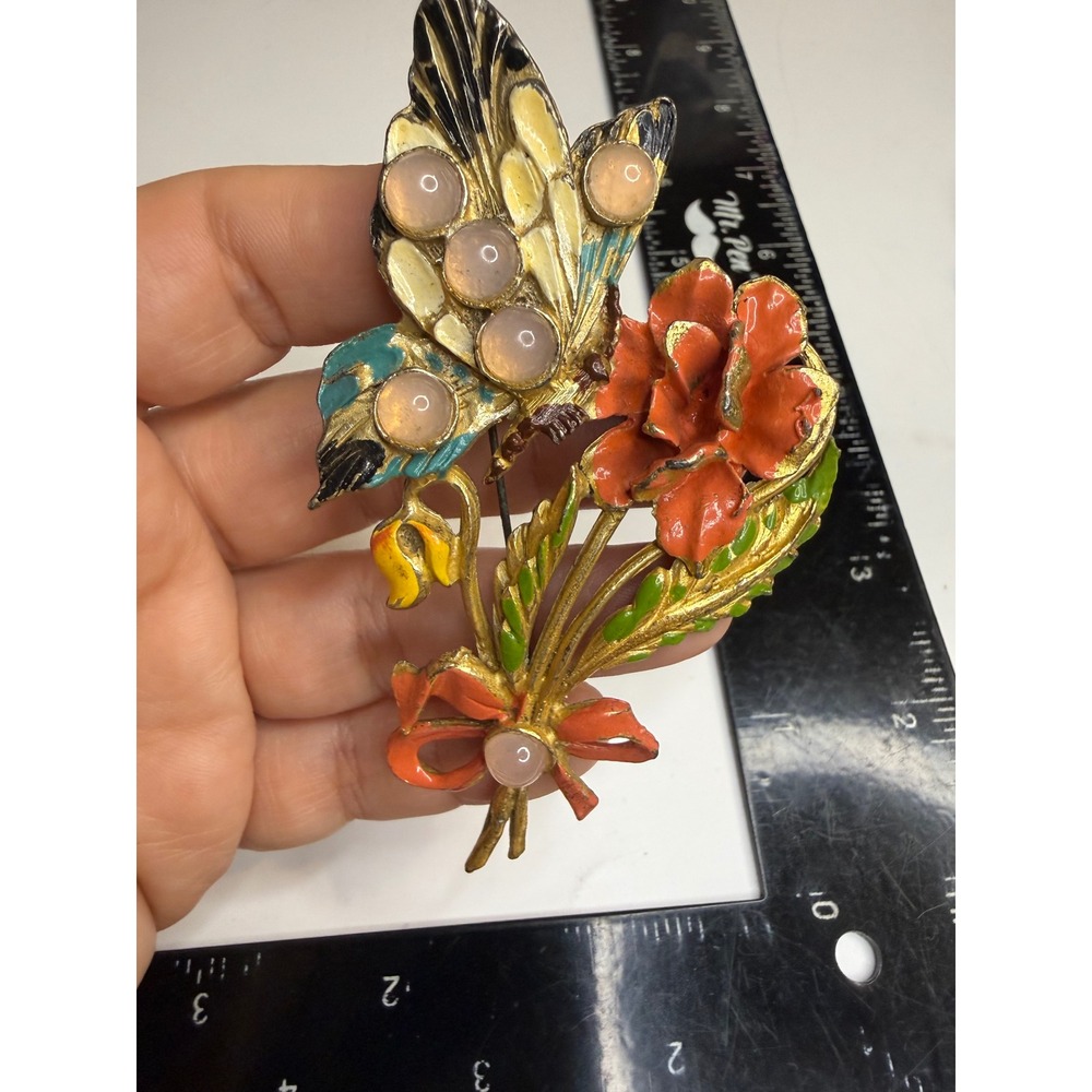 Vintage Enamel Butterfly Flower Bouquet Brooch Pink Cabochon Gold Tone Statement